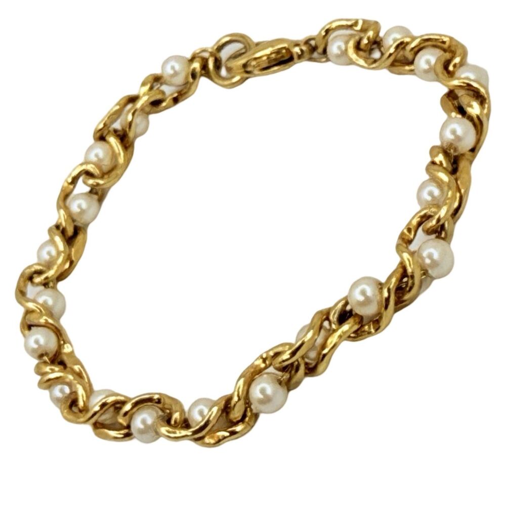 White Pearl 24K Gold Plated Tennis Bracelet 7" Station Link Minimalist Jewelry